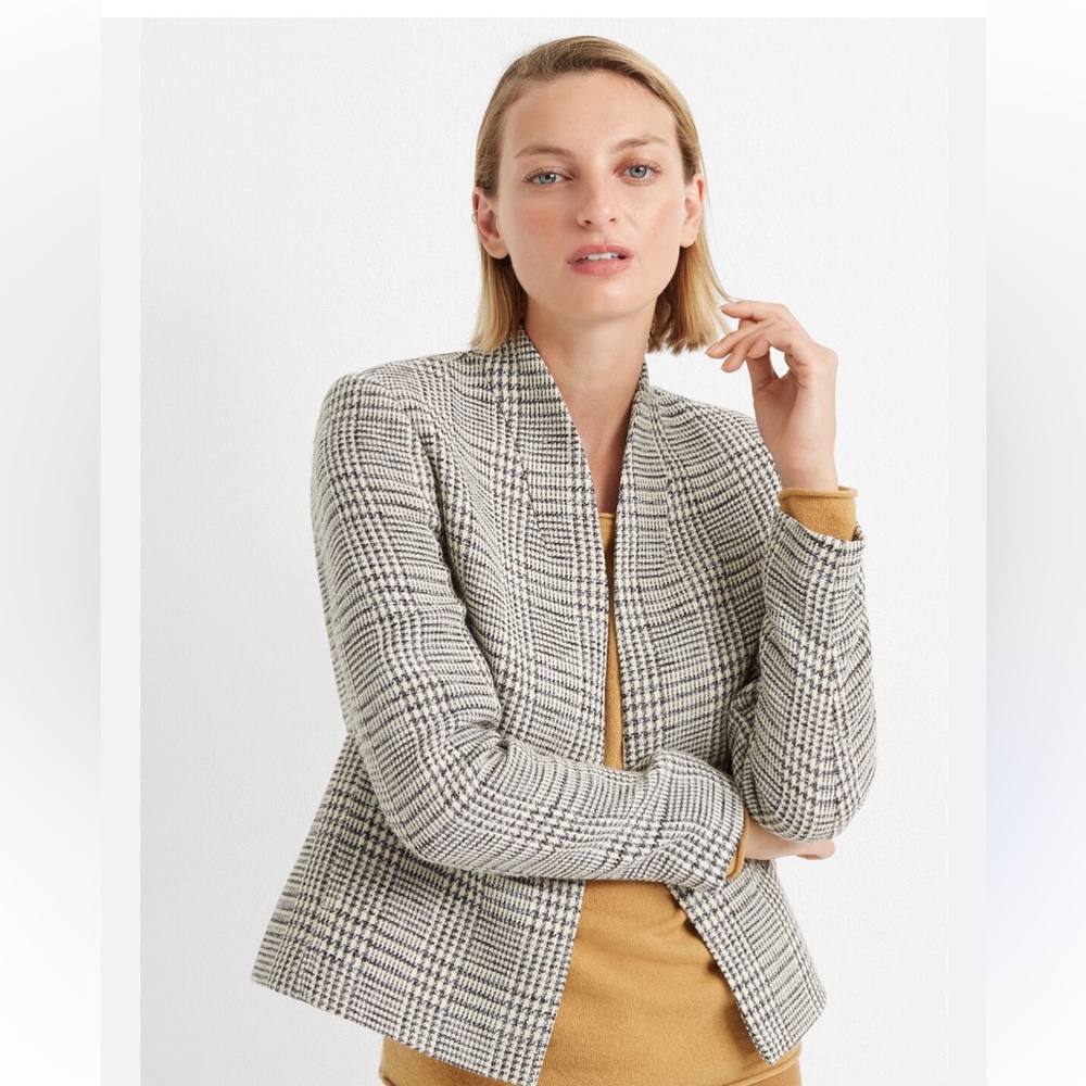 Club Monaco Black and Cream Glen Plaid Collarless Suit Jacket